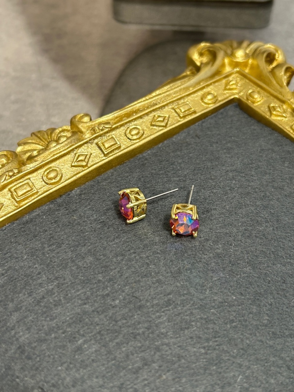 Gold-Set Iridescent Coral Crystal Stud Earrings - Picture 6 of 9